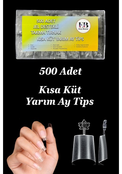 Protez Tırnak 500 Adet Jel Destekli Kısa Küt Yarım Ay Tips Özel Saklama Kutusunda Kısa-küt