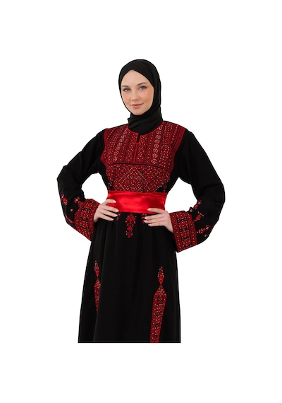 Zaytoon Filistin Nakışlı Modern Siyah Kaftan Elbise - Geleneksel Şıklık Kırmızı