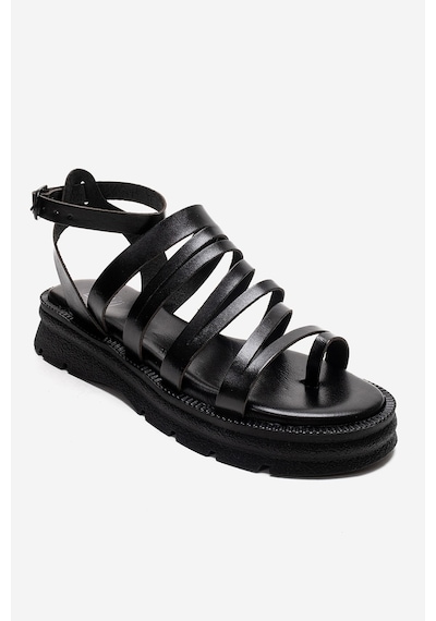 Luvishoes Elsa Siyah Hakiki Deri Çok Bantlı Kadın Parmak Arası Sandalet
