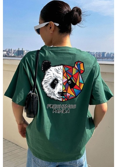 Unisex Panda Baskılı Tasarım T-shirt Yeşil