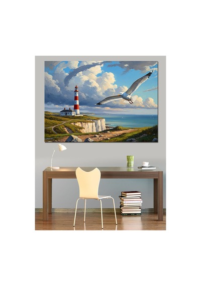 Deniz Feneri Ve Martılar Manzarası Yağlı Boya Dokulu Kanvas Tablo Canvas Tablosu