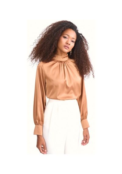 Sateen Yaka Detaylı Saten Bluz - Camel