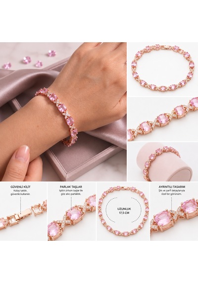 Pembe Zirkon Taşlı Kelebek Detaylı Kadın Bileklik- Rose Gold Şık Tasarım Altın - Pembe