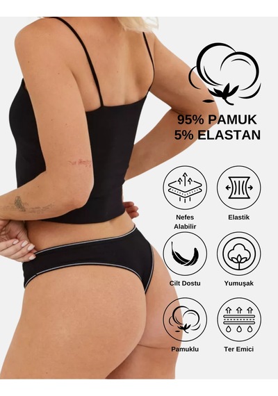 Alya Underwear Kadın Külot Pamuklu String - 5 Adet Siyah Tanga S, M, L, Xl Siyah P13