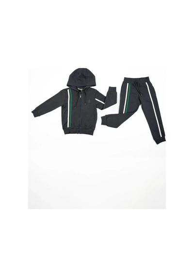 Adisia Unisex Bebek Gri Yeşil Beyaz Çizgili Kapüşonlu Mevsimlik Eşofman Takımı gri