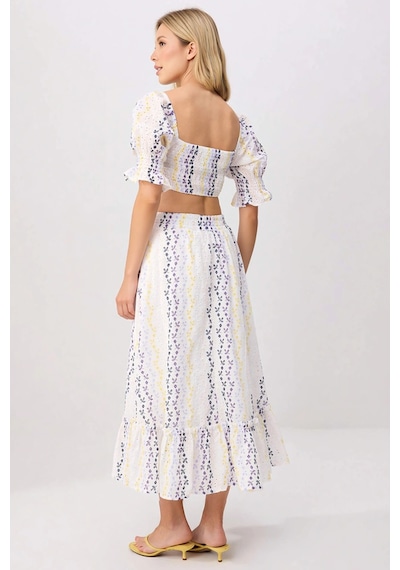 Benerly Kadın Çiçekli Desenli Brode Dokuma Crop Top Midi Etek Takımı Kalp Beyaz
