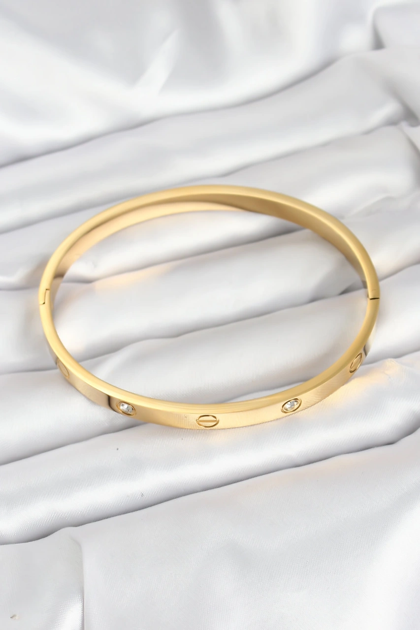 316l Çelik Gold Renk Zirkon Taşlı 65 Mm Kadın Kelepçe Bileklik Çelik