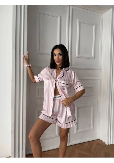 Victoria's Secret Kadın İkili İpek Saten Pijama Takımı Pembe - Beyaz