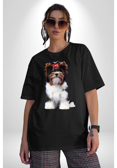Biewer Yorshire Terrier Pamuklu Bisiklet Yaka Unisex Oversize Boyfriend Dijital Baskılı Siyah T-shirt Siyah
