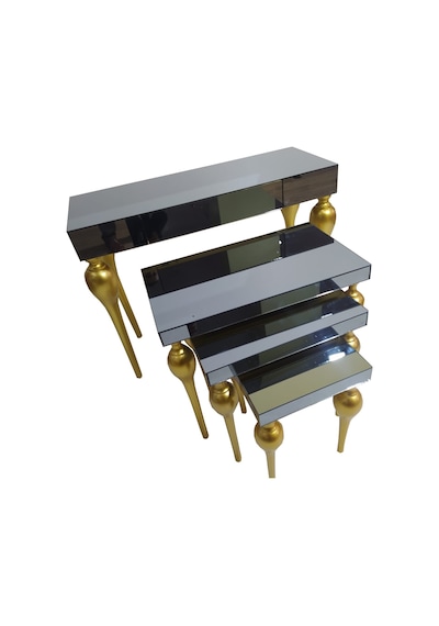 Dresuar-Zigon Tombul Ayak Model Kayın Torna Mdf Tabla Parlak Gold İskelet Füme Cam Kaplama Füme