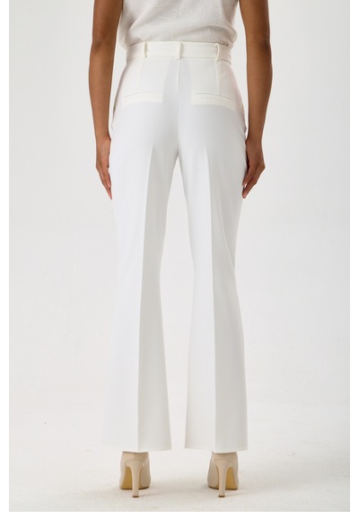 Velnara Moda Kırık Beyaz İspanyol Paça Cepli Yüksek Bel Dokuma Kumaş Kadın Pantolon Beyaz - 918305891 Beyaz