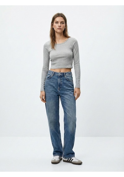 LTB Uzun Kollu Bisiklet Yaka Crop Gri Sweatshırt Karışık