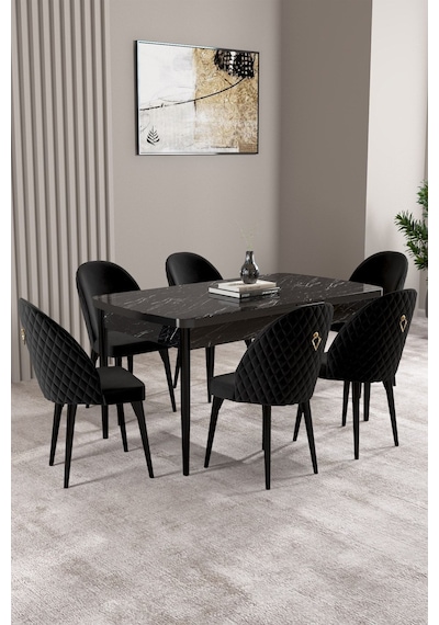 Milas Siyah Mermer Desen 80x132 Mdf Açılabilir Mutfak Masası Takımı 6 Adet Sandalye Siyah