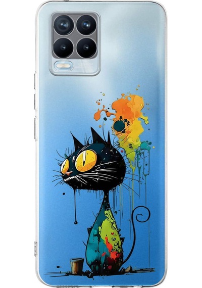 Realme 8 Pro İle Uyumlu Splash Kedi Tasarımlı Şeffaf Silikon Kılıf Şeffaf