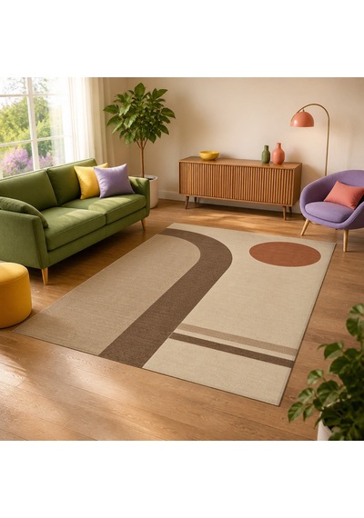 Kartela Halı Japandi Kemer Desenli Halı Bej Kaymaz Taban Makinede Yıkanabilir 180x270 Cm