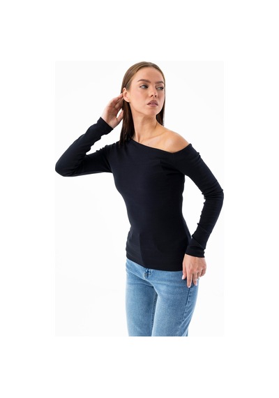 Giysa Kadın Asimetrik Yaka Uzun Kollu Basic Bluz Siyah - Ms0001283 Siyah