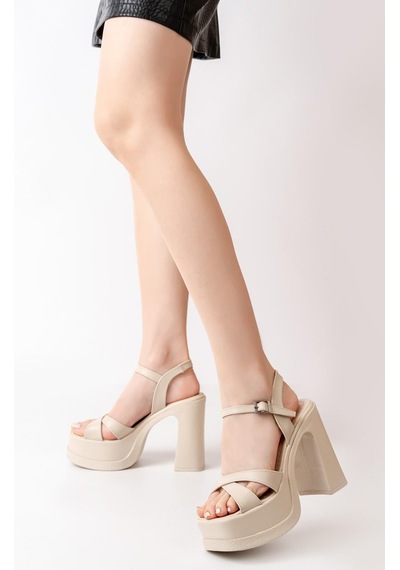 Asmi Shoes Kadın Çapraz Bantlı 12 Cm Platformlu Topuklu Ayakkabbı Krem Krem