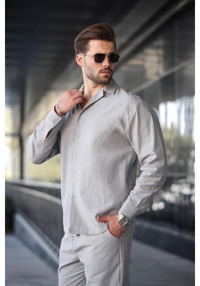 Madmext Taş Rengi Rahat Kesim Erkek Keten Gömlek Pantolon Takım E7327 Taş Rengi