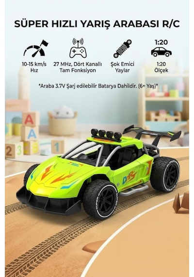 Super Speed Racing 1:20 Ölçekli Şarjlı Uzaktan Kumandalı Araba - 4 Kanallı Yarış Arabası Yeşil