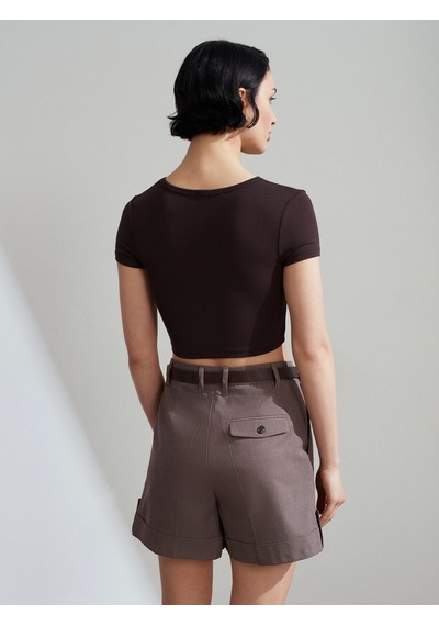 Dilvin 31104 Crop T-shirt-koyu Kahve Kahverengi