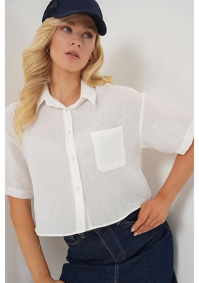 Defymoda Kısa Kol Crop Gömlek 20341 - Beyaz Beyaz