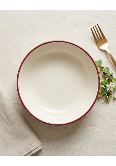 Porselen Kırmızı File Kenar Kase Salata, Çorba Ve Kahvaltılık Sunum Kasesi - 17 Cm 2'li Set Beyaz