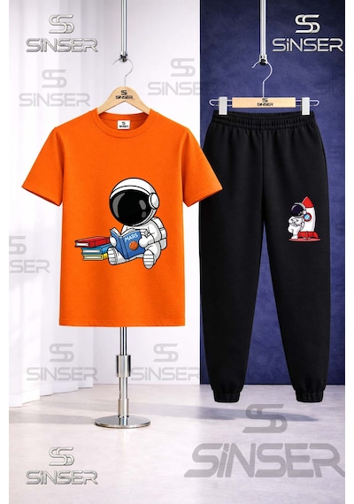 Ss Sinser Çocuk Astronot Kıtap Okuyan 3 Lü Tişort Eşofman Takımı Mavi - Turuncu - Sarı