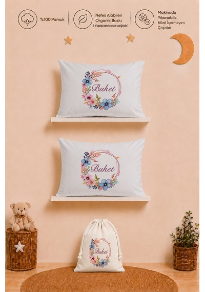İsme Özel Kız Bebek Hediyesi 2 Adet 35x45 %100 Pamuk Yastık Kılıfı Ve Ham Bez Bebek Kıyafet Kesesi 1036y2kyx