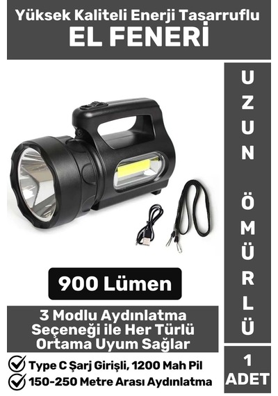 Premium Seri Uzun Ömürlü Kamp Avcı Deprem 3 Aydınlatma Modlu Şarjlı Beyaz Işık 900 Lümen El Feneri Çok Renkli