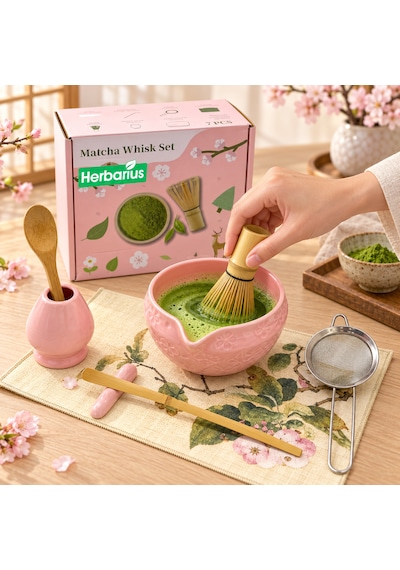 Herbarius 8 Parça Çiçek Desenli Parlak Pudra Pembe Renk Matcha Çayı Hazırlama Seti - Geleneksel Japon Matcha Seti