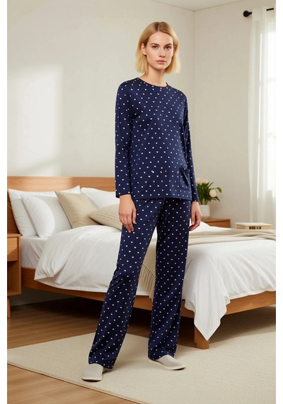 Benerly Kadın Bisiklet Yaka Standart Kol Pijama Takımı Boru Paça Fonksiyo lacivert