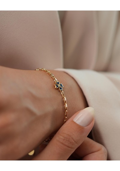 Debora Jewelry 14 Ayar Altın Lacivert Mineli Yonca Bileklik