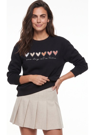 Onloox Kadın Siyah Siyah Pamuklu Üç İplik Şardonlu Bisiklet Yaka Renkli Kalp Baskılı Sweatshirt