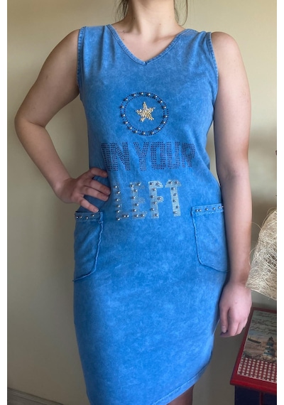 Mia Butik Kadın İtalyan Yıkamalı Kolsuz Mavi Elbise-678 Mavi