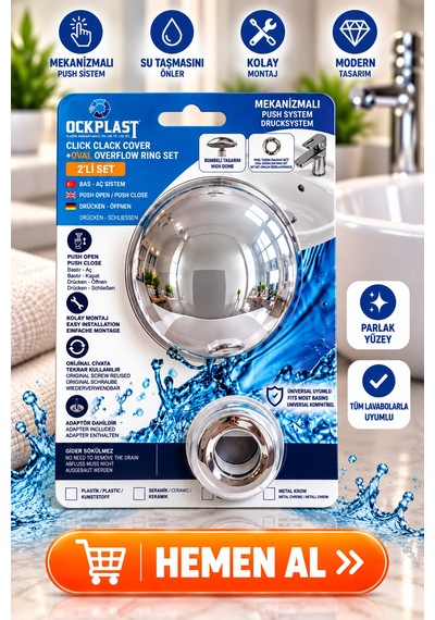 Lavabo Gider Süzgeci Bas Aç Pop-up Sistem Taşma Yüzüklü Dayanıklı Tasarım Gri