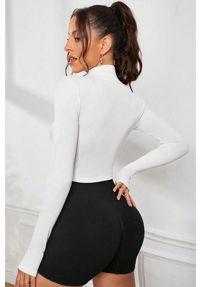 Angbutik Kadın Beyaz Uzun Kol Fermuarlı Parmak Geçme Detaylı Dik Yaka Crop Top Bluz