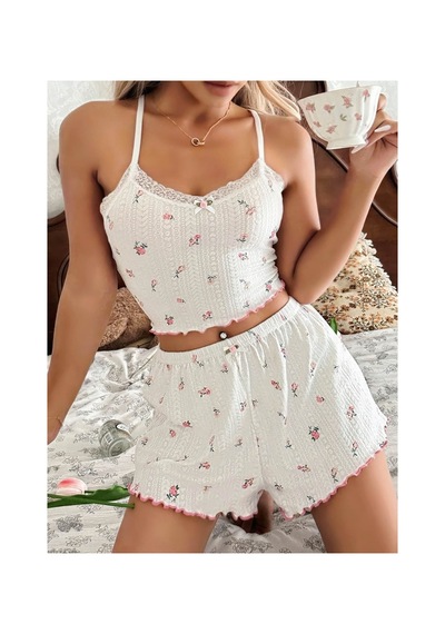 Mr Owl Kadın Beyaz Çiçek Desenli Dantel Askılı Şortlu Pijama Takımı