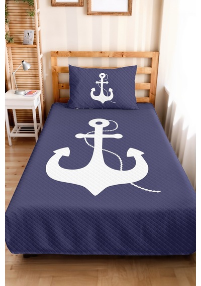 Lacivert Marine Çapa Genç Odası Tek Kişilik Pike Takımı - Nautical 160x220 Cm Kapitone Yatak Örtüsü Eski Doku Katmanı