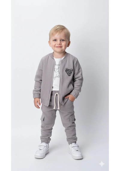 Bontino Erkek Çocuk Sweatshirt, Hırka Ve Pantolonlu %100 Pamuk 3'lü Spor Takım Gri