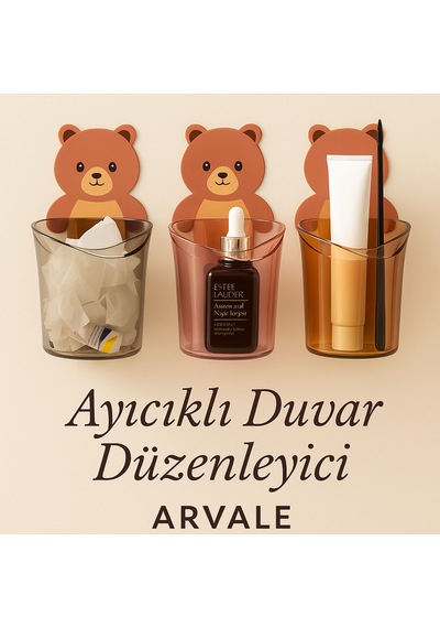 3 Lü Ayı Figürlü Diş Fırçalık Seti Yapışkanlı Duvara Yapışan Banyo Organizer Füme