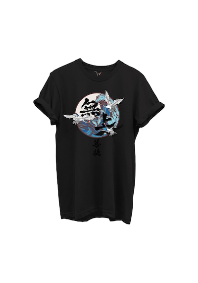 Japon Sanatı Stilinde Turna Kuşları Ve Dalga Desenli %100 Pamuk Regular Fit Unisex T-shirt Siyah Japon Sanatı Stilinde Turna Kuşları Ve Dalga Desenli %100 Pamuk Regular Fit Unisex T-shirt Siyah