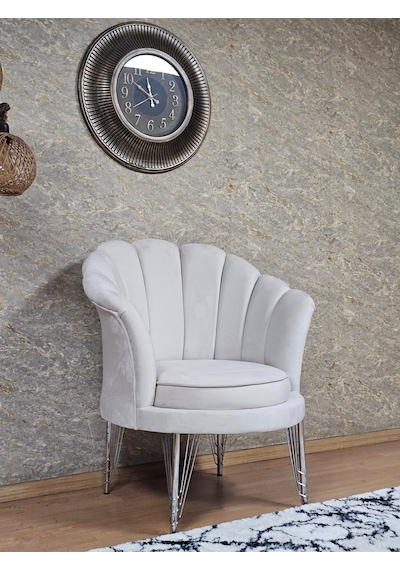Zafir Tekli İstiridye Krom Kaplama Telli Ayak Çay Seti Koltuk Tekli Berjer , Balkon, Salon, Ofis Krem