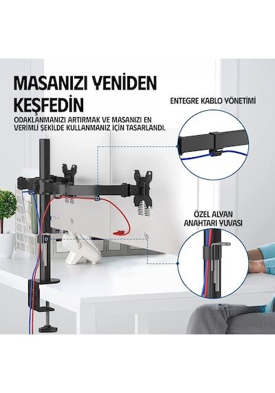 Ergoflex EF52 Steel Design 2-8 kg Çift Kol 13"-27" Asansörlü Monitör Standı