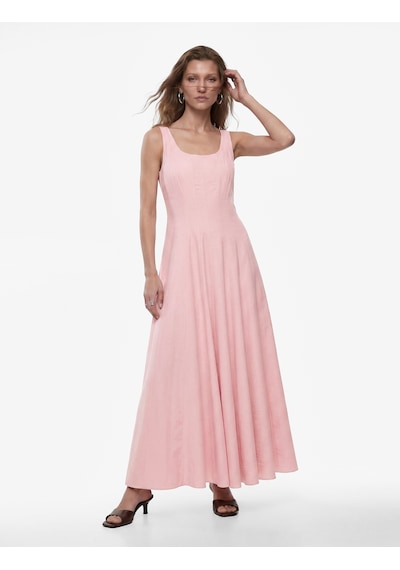 Koton Modal Kumaş Kare Yaka Kalın Askılı Uzun Kloş Elbise Pembe 6sak80249ew Gül