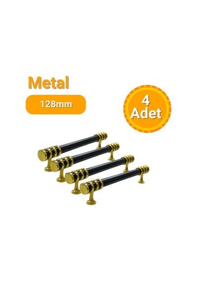 4 Adet Halka Boru Altın Siyah Metal Mobilya Kulpu 128mm Siyah - Altın
