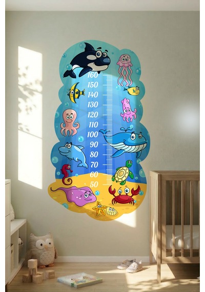 Okyanus Temalı Dekoratif Çocuk Boy Ölçer Sticker Duvar Cetveli Takip Çizelgesi