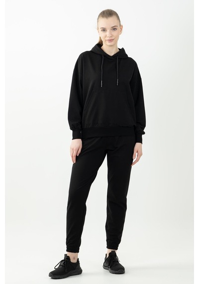 Maraton Sportswear Oversize Kadın Kapşonlu Uzun Kol Basic Siyah-siyah Sweatshirt 22149-siyah-siyah