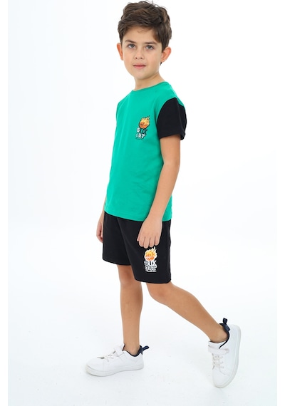 Toontoy Kids Toontoy Erkek Çocuk 2'li Takım Baskılı Bisiklet Yaka Tişört & Beli Lastikli Cepli Şort Koyu Yeşil