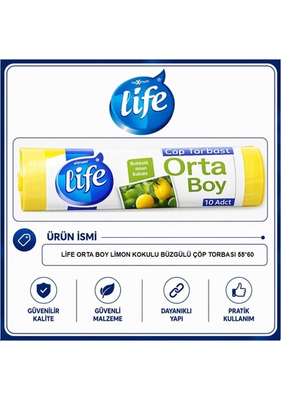 Life Limon Kokulu Orta Boy Büzgülü Çöp Torbası 10'lu 40'li Paket