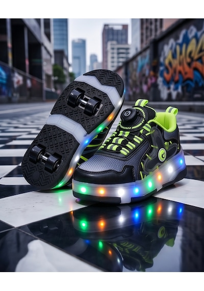 2256-n-drops Led Işıklı Çift Tekerlekli Akıllı Bağcıklı Unisex Çocuk Patenli Ayakkabı Siyah - Yeşil 2256-n-drops Led Işıklı Çift Tekerlekli Akıllı Bağcıklı Unisex Çocuk Patenli Ayakkabı Siyah - Yeşil